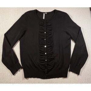 Women's L Black Ruffle Cardigan Button Front Lightweight Sweater